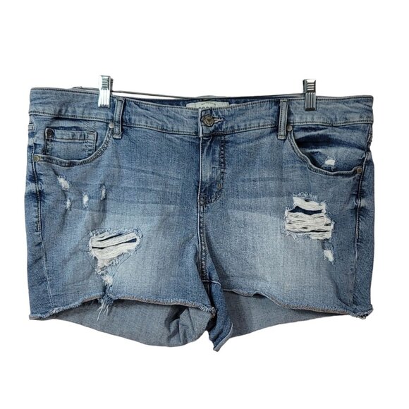 Torrid Skinny Denim Short Shorts Destruction Blue Size 20 Cutoff Frayed Zip Mid - Picture 1 of 7